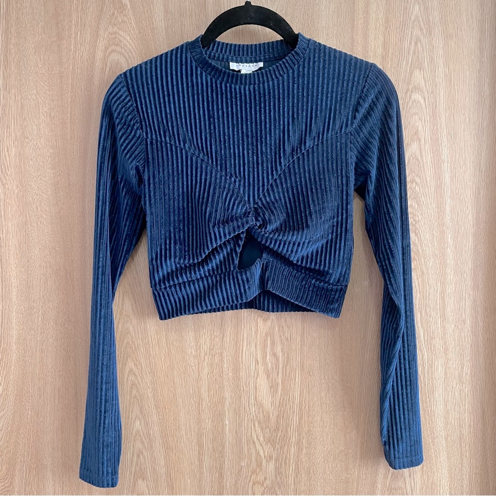 Topshop Blue Velvet Long Sleeve Crop Top